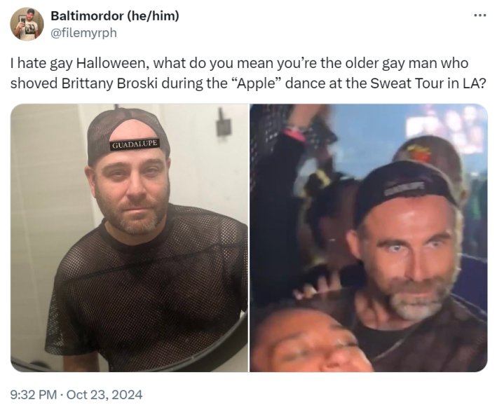 "I hate gay Halloween, what do you mean you’re the older gay man who shoved Brittany Broski during the 'Apple' dance at the Sweat Tour in LA?" with side by side photos of the costume and inspiration.