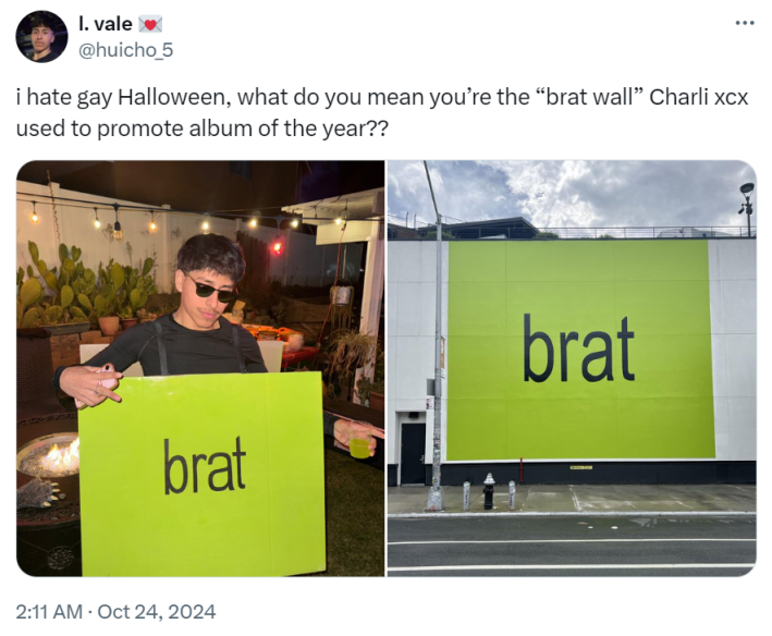 "i hate gay Halloween, what do you mean you’re the “brat wall” Charli xcx used to promote album of the year??" with photos of the costume and inspiration wall.