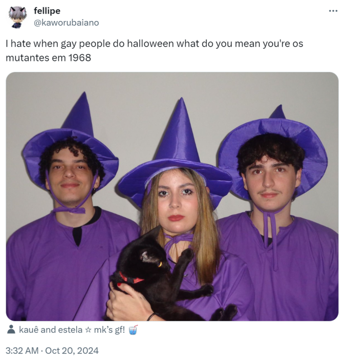 "I hate when gay people do halloween what do you mean you're os mutantes em 1968" with a photo of three young people wearing purple robes and witch hats, the middle one holding a black cat.