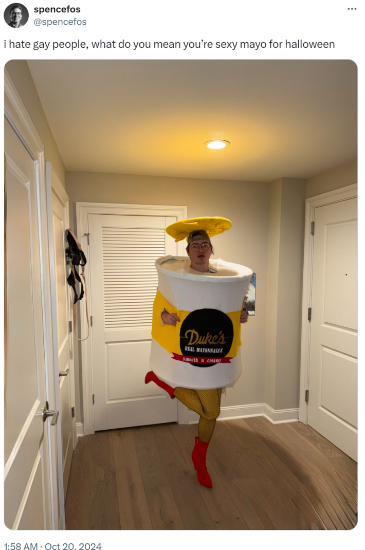 "i hate gay people, what do you mean you’re sexy mayo for halloween" with a photo of the costume.