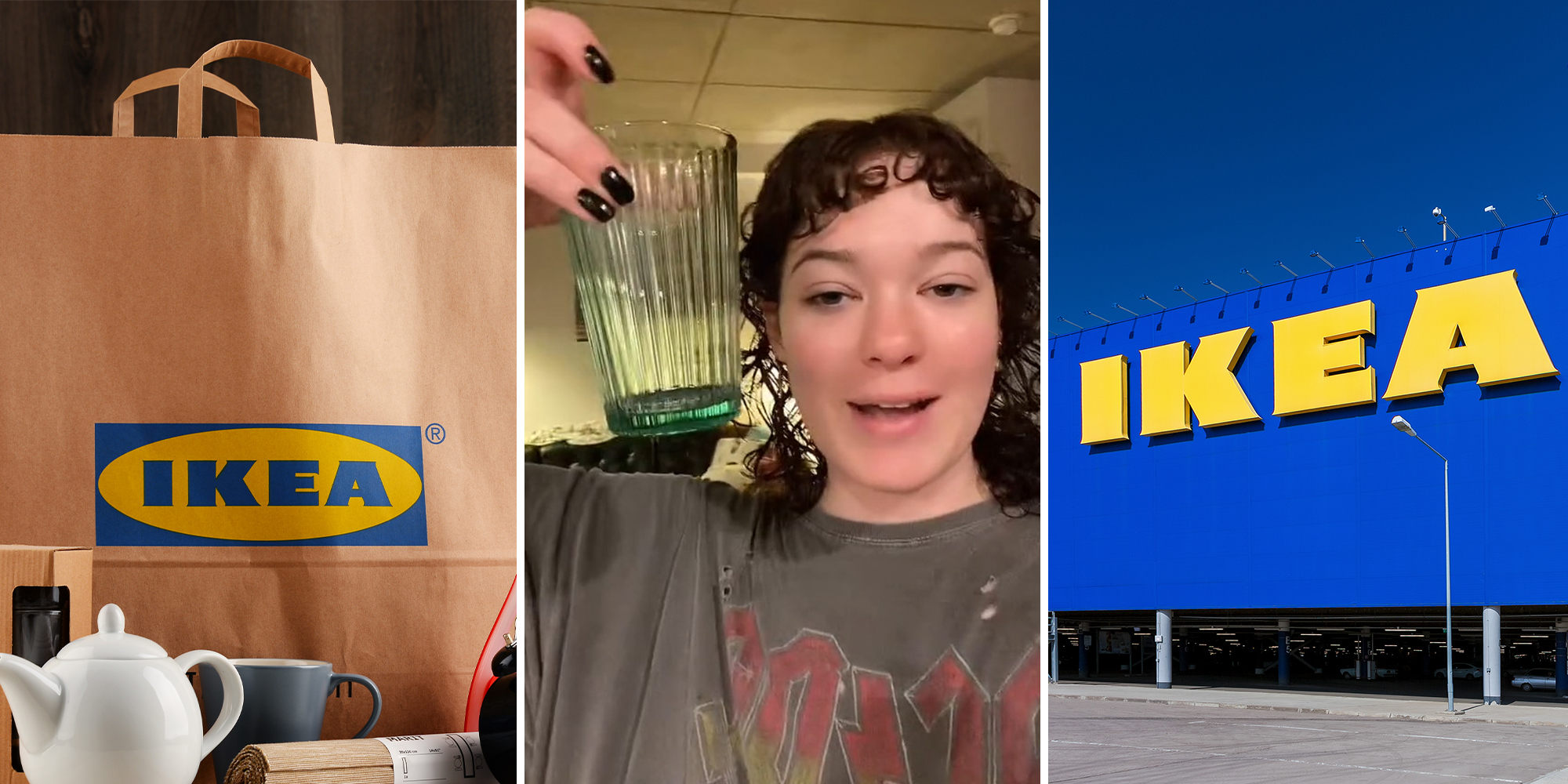 Ikea paper bag with products around it(l) Woman holding up ikea bag(c) Ikea Store Front(r)