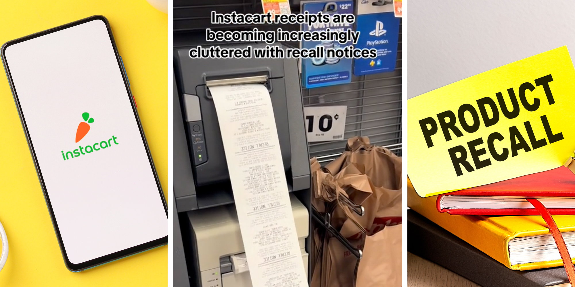 Phone with instacart app(l), Receipt coming out of machine with text that says "Instacart receipts are becoming increasingly cluttered with recall notices"(c), Product recall memo(r)
