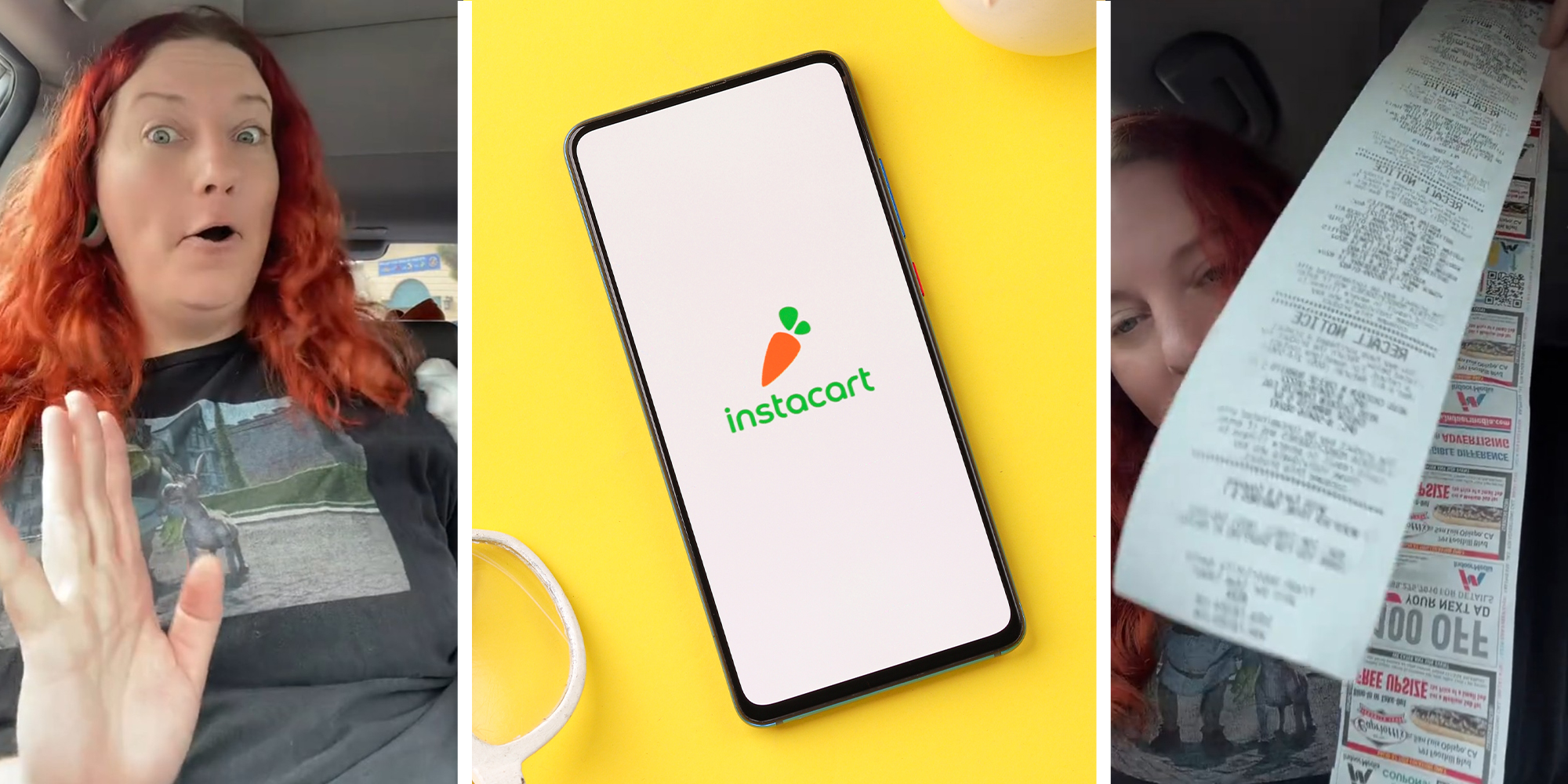 Instacart Worker shares experience on TikTok(l) Instacart logo on phone screen(c) Woman holding up receipt(r)