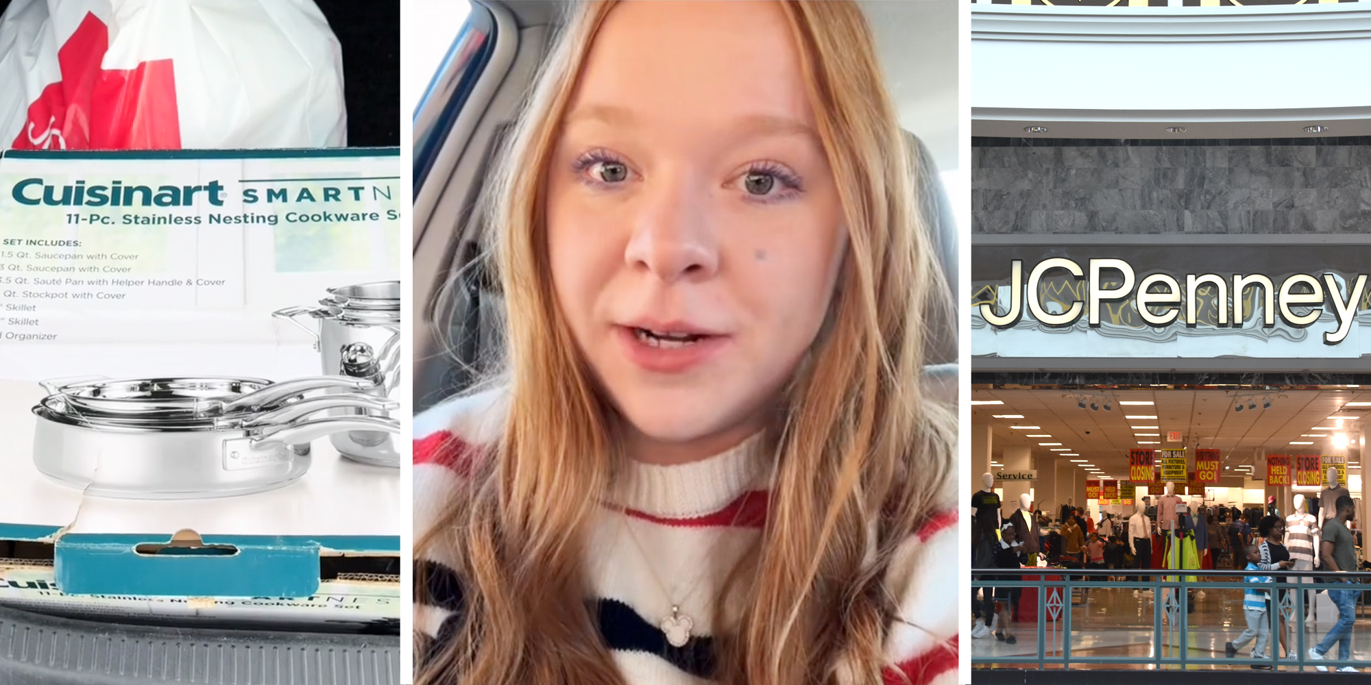 Cuisinart in box(l), Woman talking(c), JC Penney storefront(r)