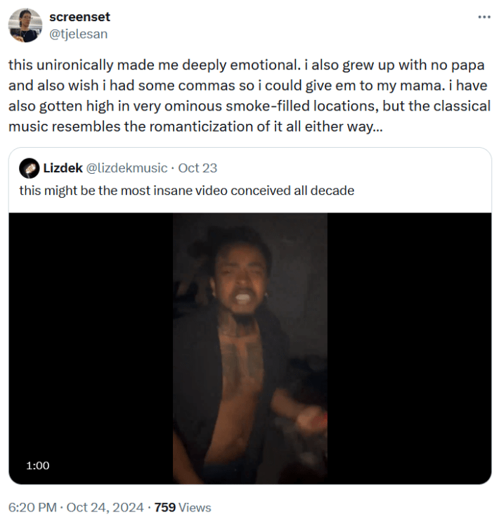 Jitzeh video reaction tweet reading "this unironically made me deeply emotional. i also grew up with no papa and also wish i had some commas so i could give em to my mama. i have also gotten high in very ominous smoke-filled locations, but the classical music resembles the romanticization of it all either way…"