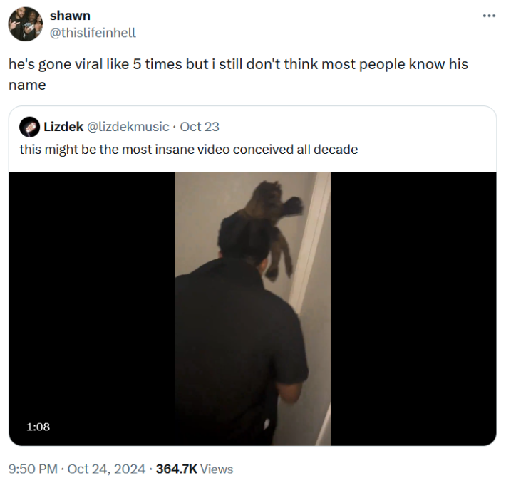 Jitzeh video reaction tweet reading "he's gone viral like 5 times but i still don't think most people know his name."