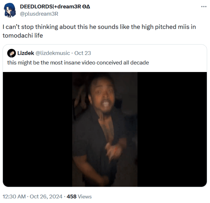 Tweet reading "I can’t stop thinking about this he sounds like the high pitched miis in tomodachi life."