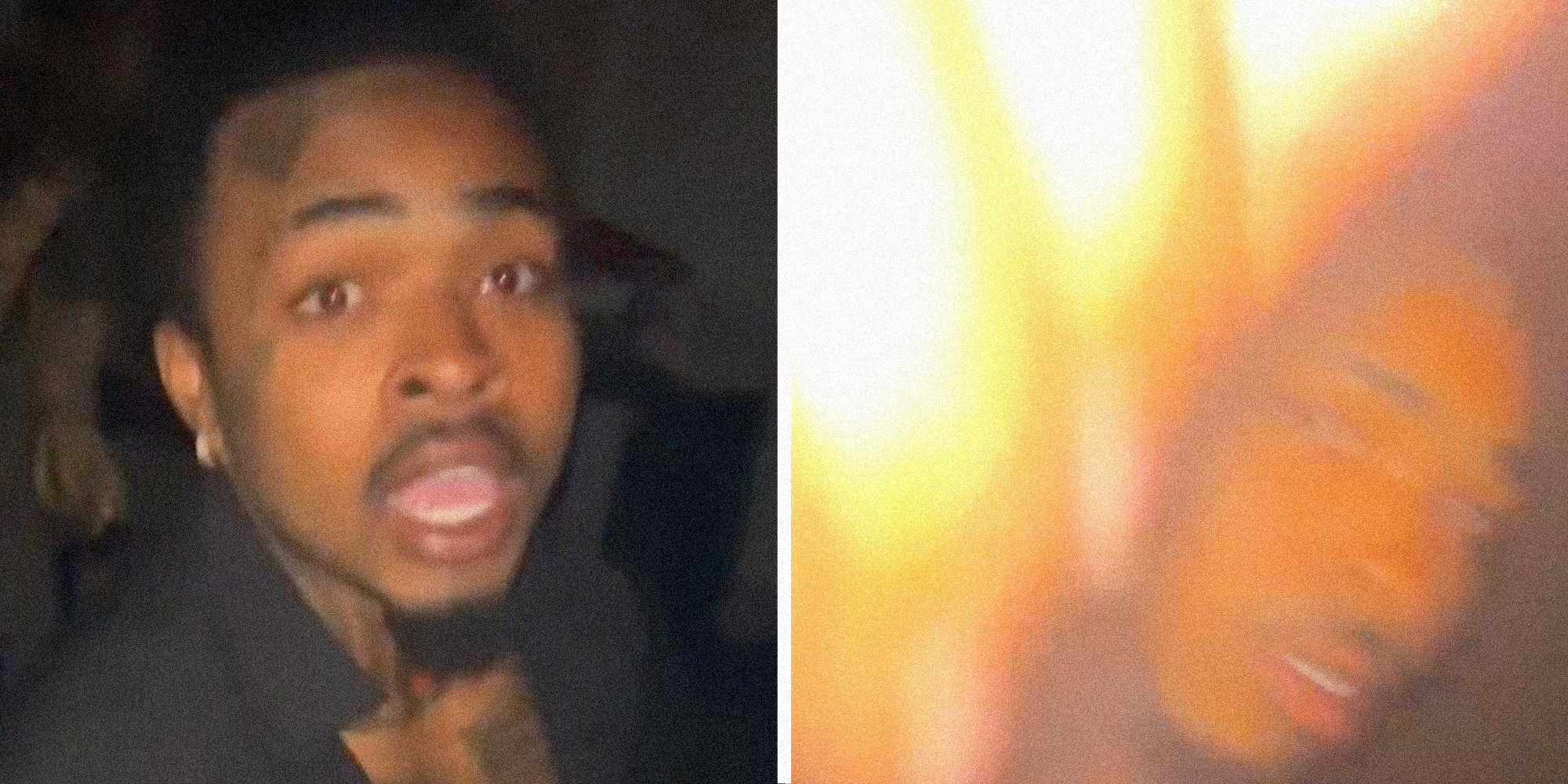 Two panel image of a person in a darkened room.