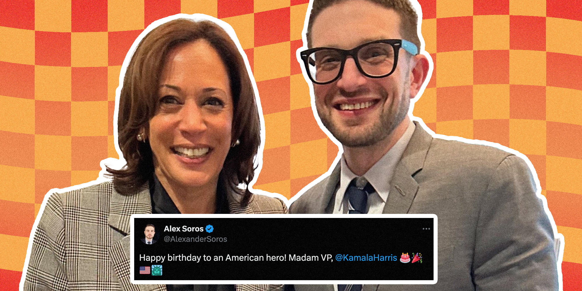 Kamala Harris and Alex Soros with happy birthday tweet