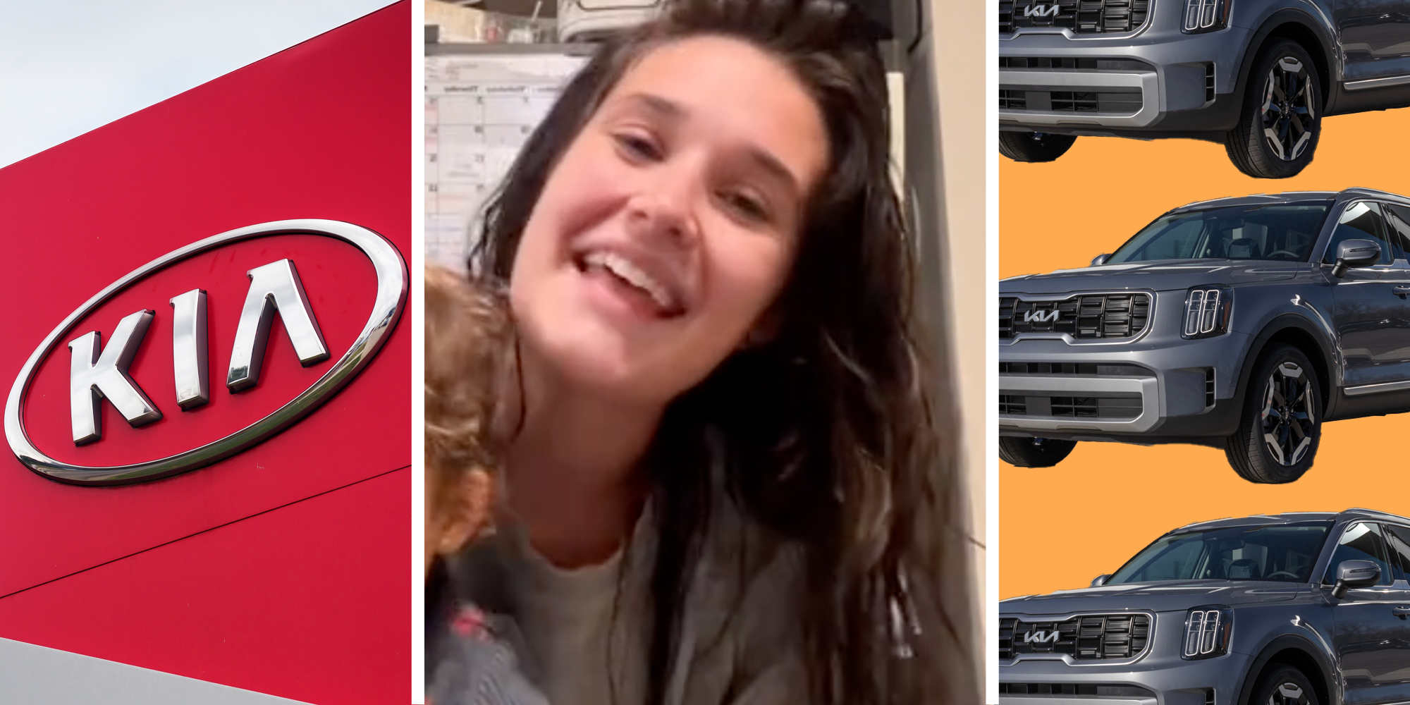 Kia sign(l), Woman talking(c), Kia Telluride(r)