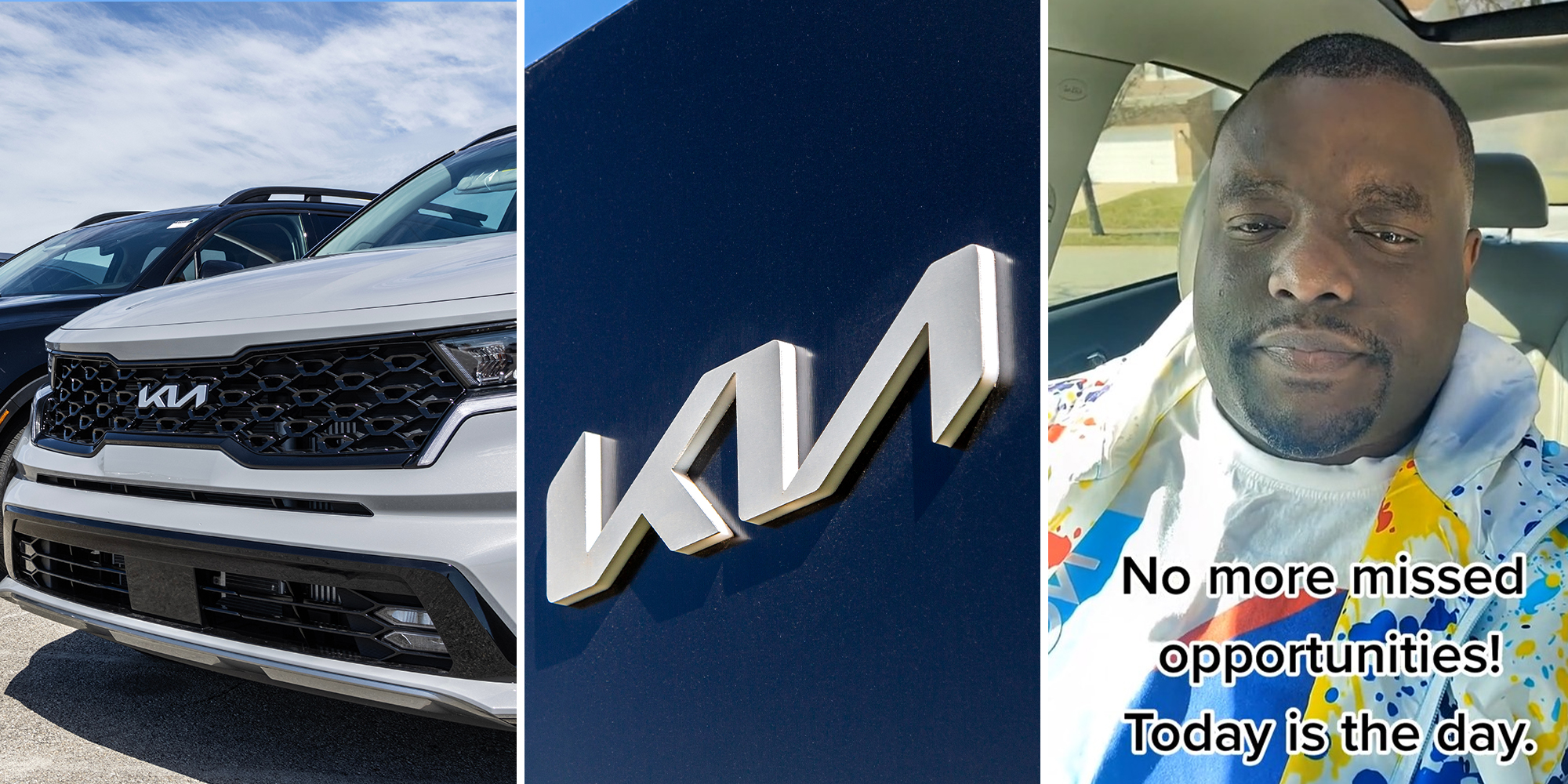 Kia Vehicle(l) Kia Dealer Sign(c) Man wearing colorful hoodie(r)