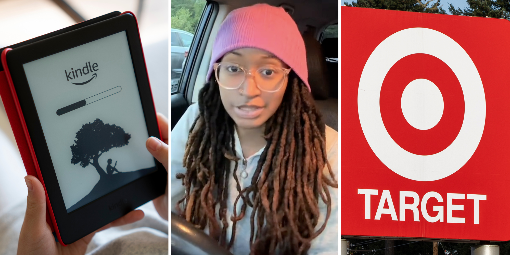 Hands Holding Kindle(l), Woman talking(c), Target sign(r)