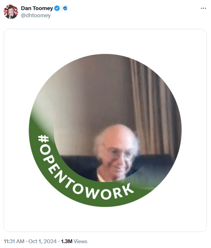 Larry David Zoom call meme as an "open to work" LinkedIn profile photo.