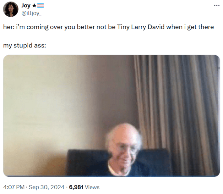 Larry David Zoom call meme in the "you better not be" format.