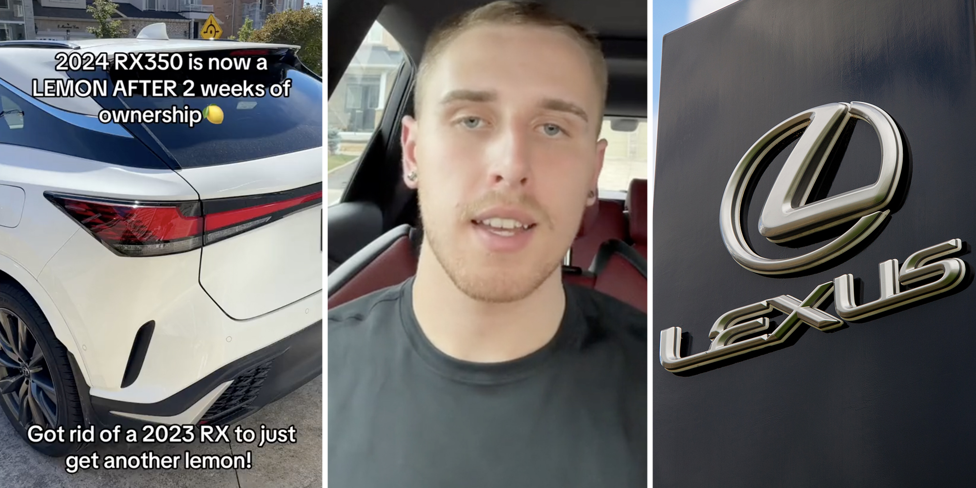 White lexus with text that says "204 RX350 is now a lemon after 2 weeks of ownership - Got rid of a 2023 RX to just get another lemon."(l), Man talking(c), Lexus sign(r)