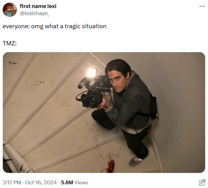Tweet with a screenshot of a camera operator in a bloody stairwell.