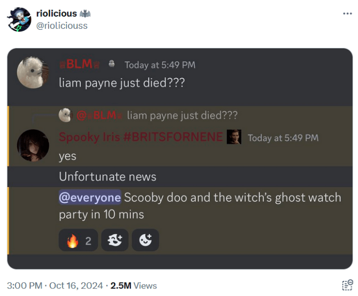 Liam Payne meme with a screenshot of a Discord chat.