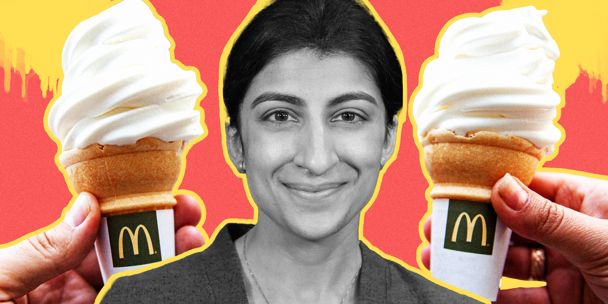 Lina Khan over two hands holding McDona'ds ice cream cones