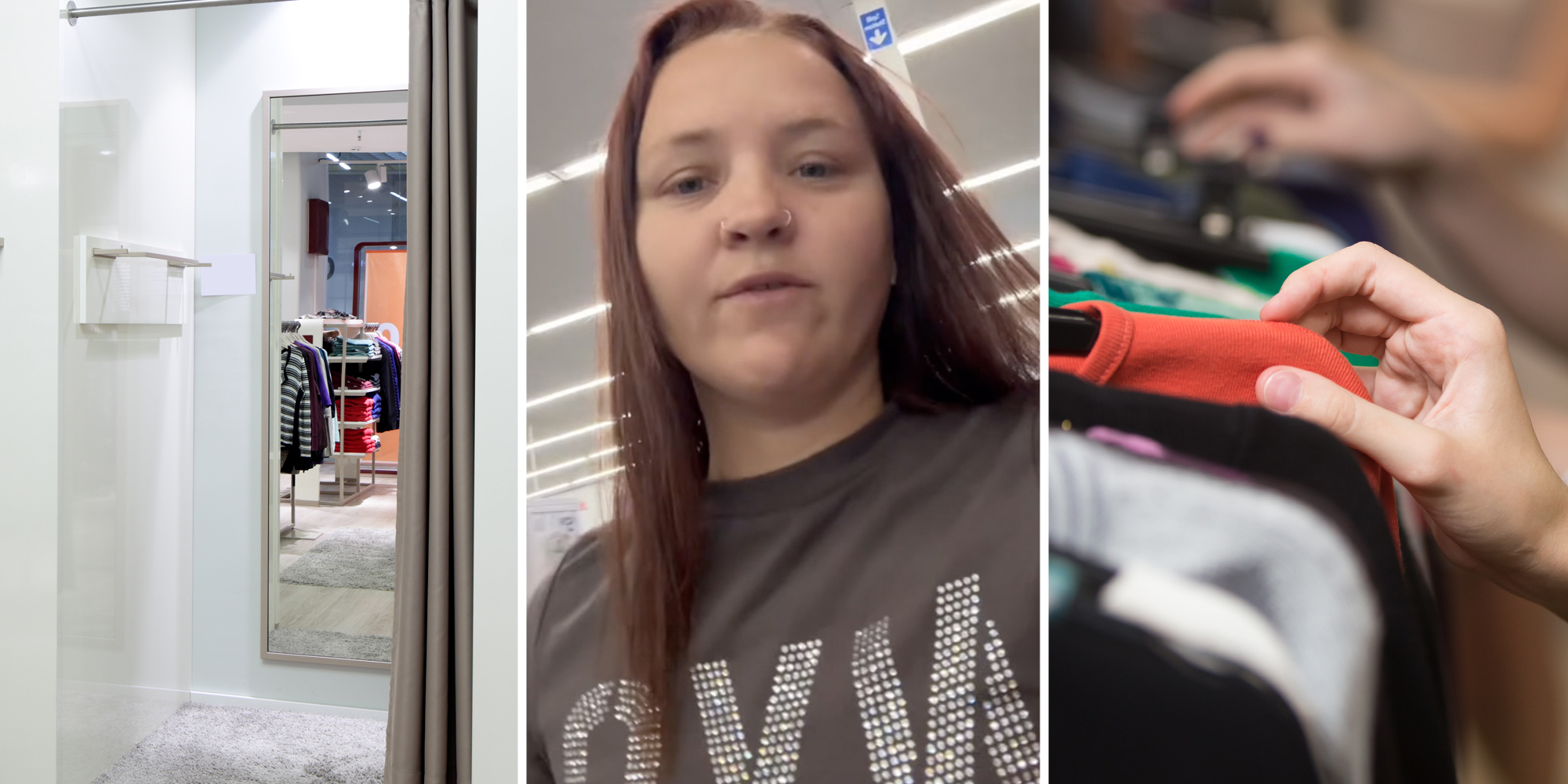 Dressing Room mirror(l), Woman talking(c), Hands on clothing rack(r)