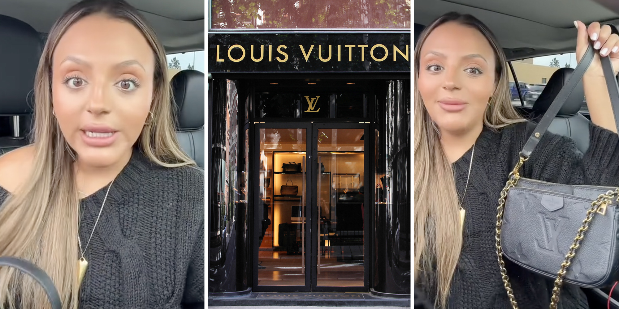 Woman talking with Louis Vuitton bag(l), Louis Vuitton storefront(c)