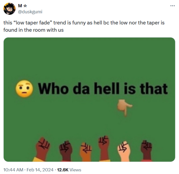 Low taper fade meme with the "who da hell is that" image pointing to the white fist.