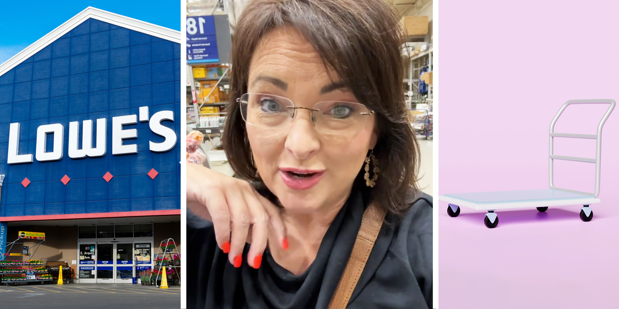 Lowes(l), Woman talking(c), Flat cart(r)