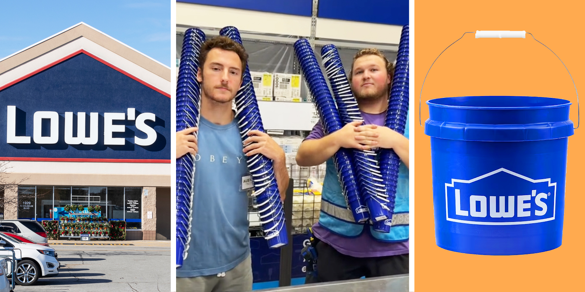 Lowe's storefront(l), Two Men holding stack of mini buckets(c), Mini bucket(r)