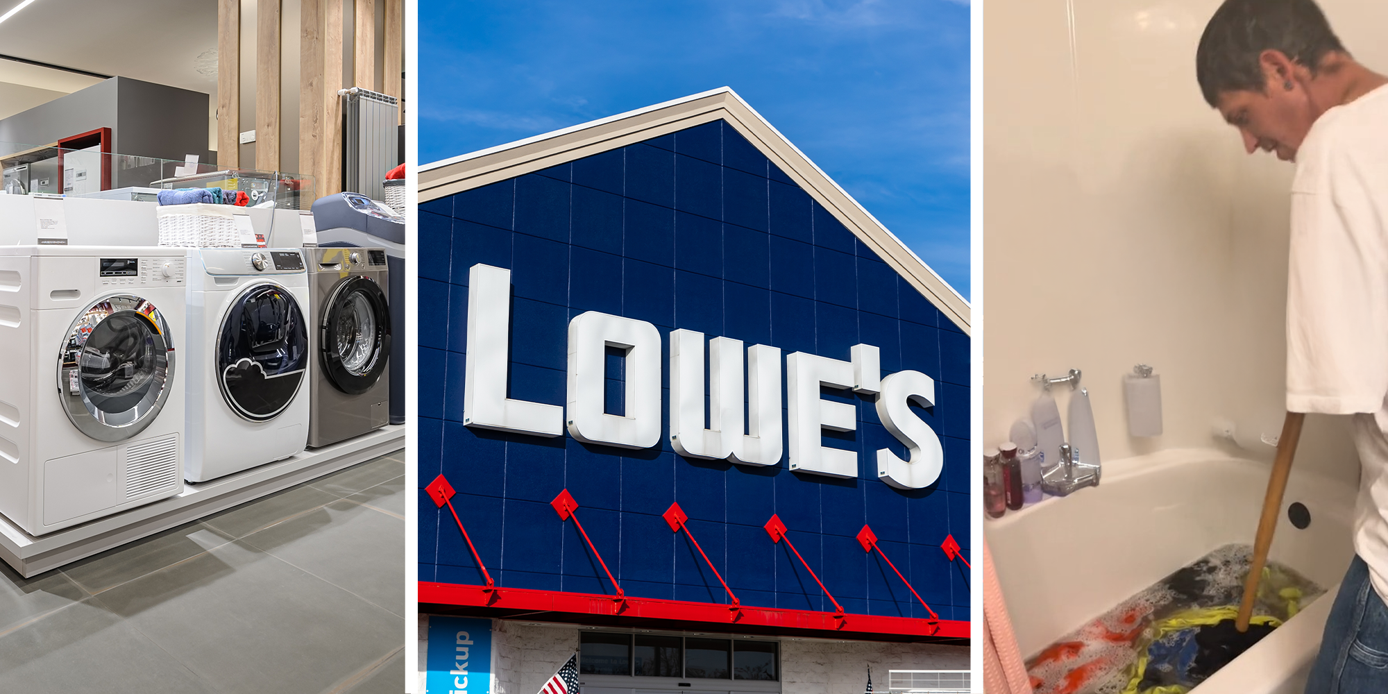 Washing Machines(l) Lowe's Store Front(c) Man Washing Clothes in Tub(r)