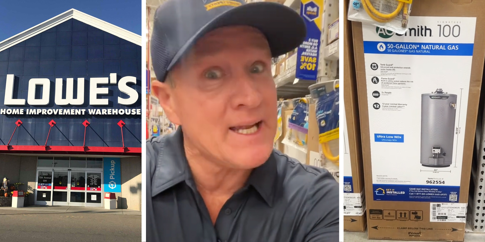 Lowe's storefront(l), Man talking(c), Water heater in box(r)