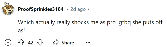 Reddit comment about Mama Tot's TikTok drama that reads, "Which actually really shocks me as pro lgtbq she puts off as!"