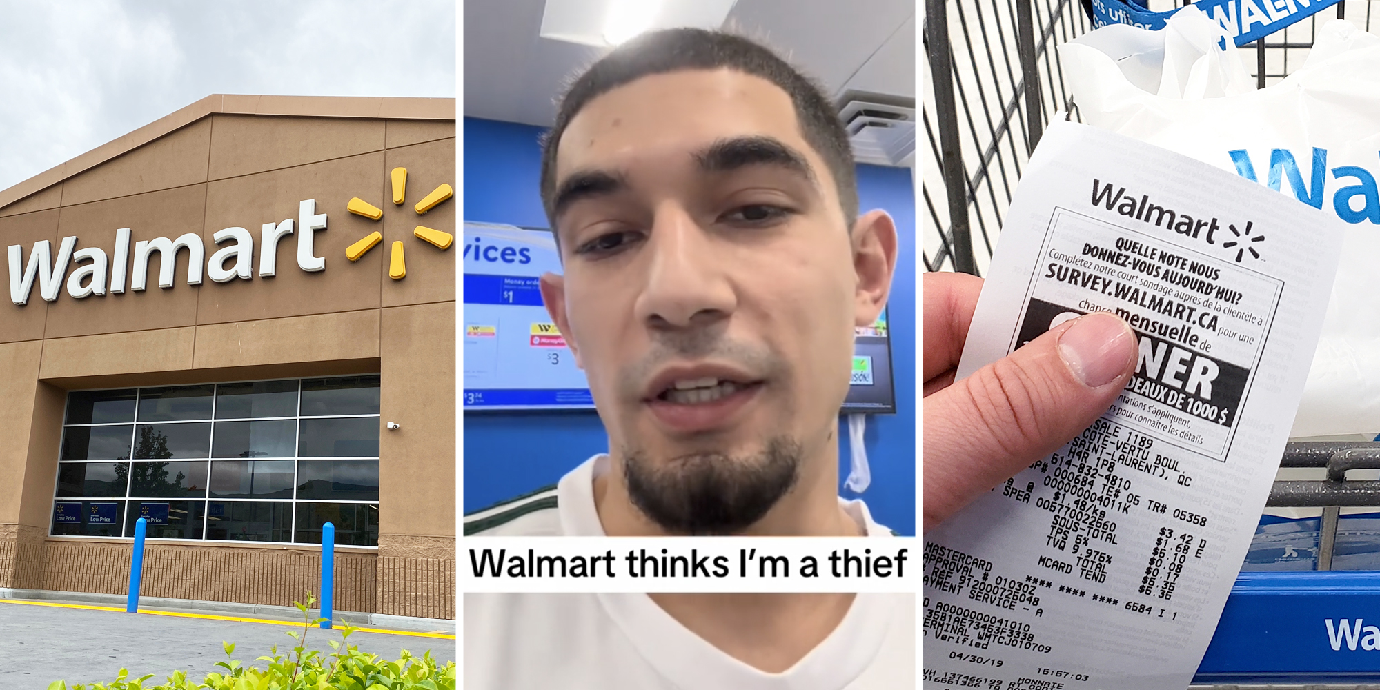 Walmart storefront(l), Man talking with text that says "Walmart thinks I'm a thief"(c), Hand holding walmart receipt(r)