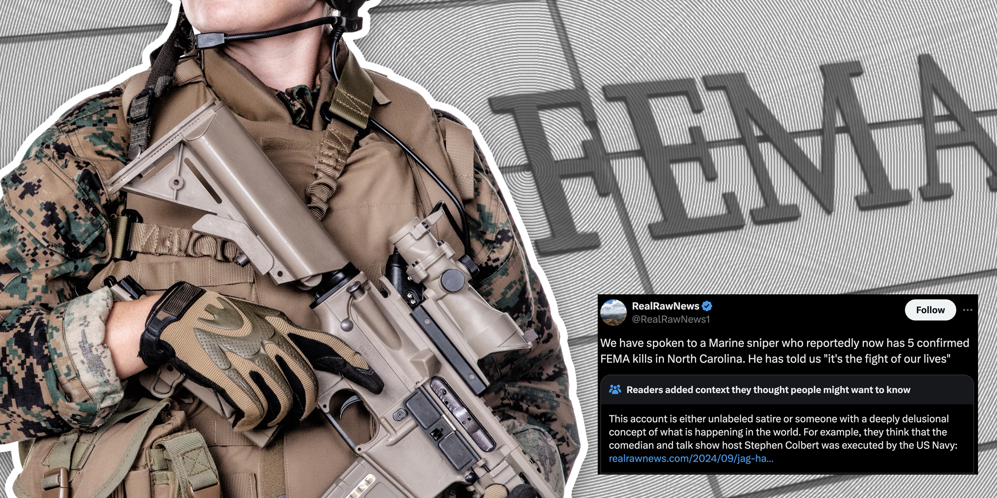 Marine over FEMA logo and conspiracy tweet