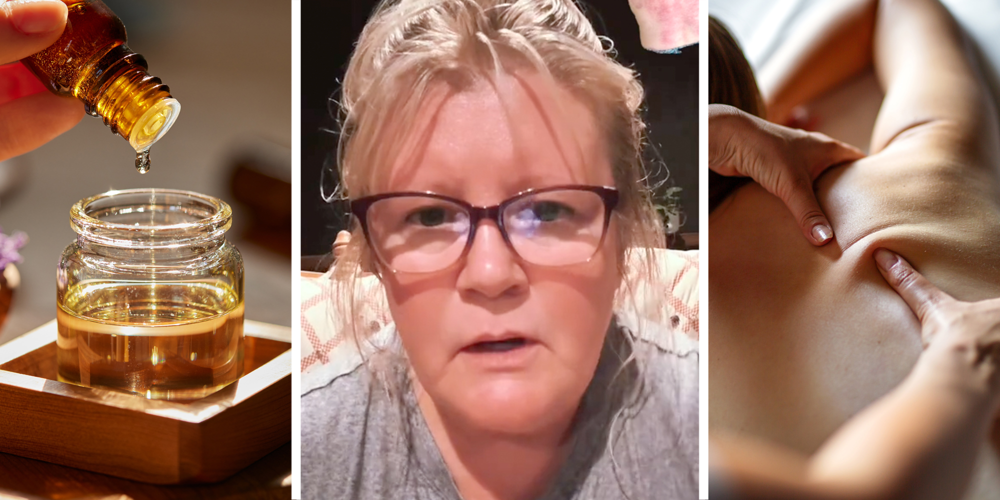 Massage oil(l), Woman talking(c), Back being massaged(r)