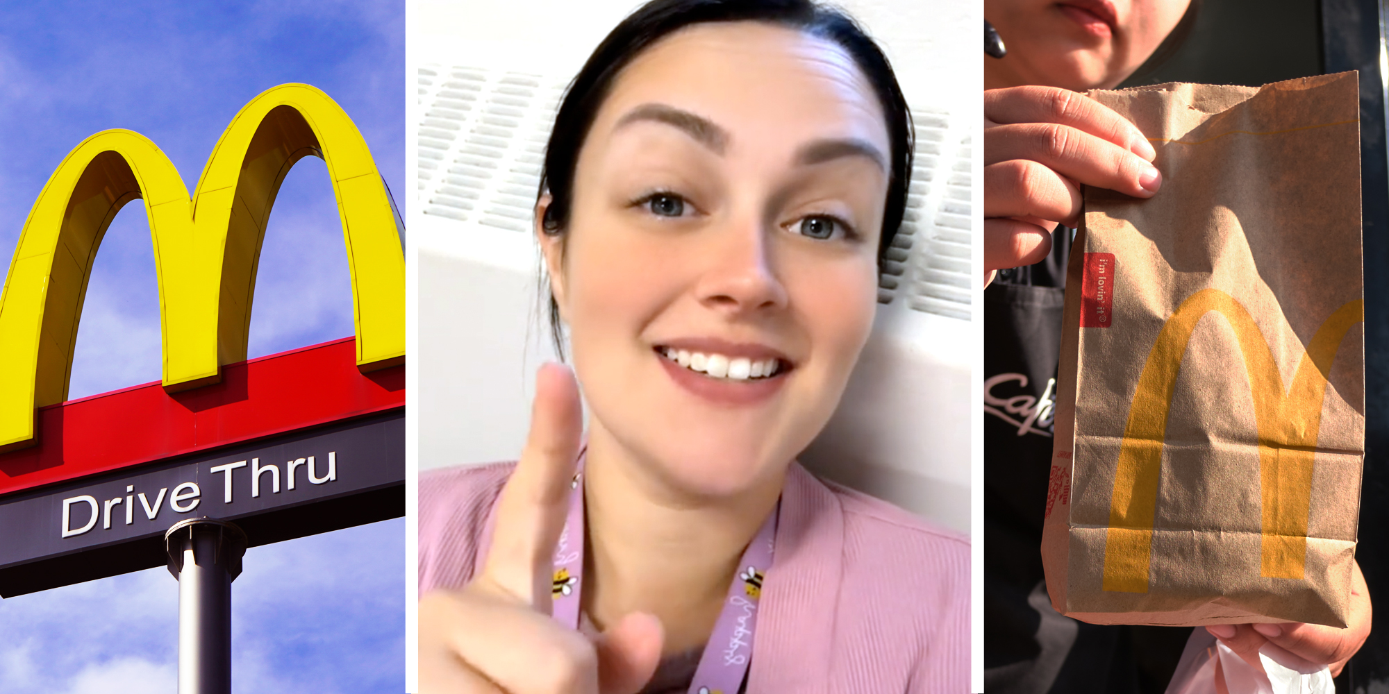 McDonald's sign(l), woman talking(c), Drive thru worker passing McDonald's bag(r)