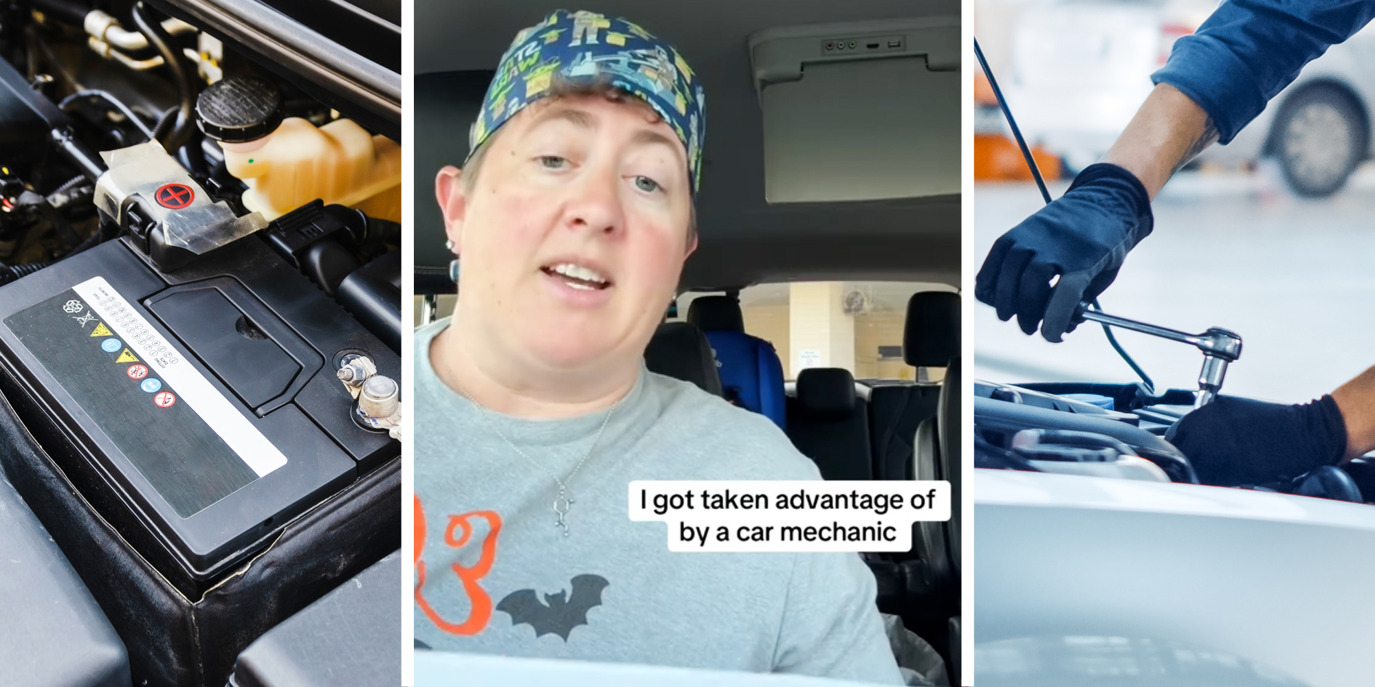Car battery(l), Person talking with text that says "i got taken advantage of by a car mechanic"(c), Mechanic working under hood(r)