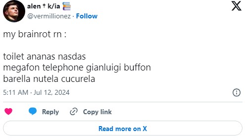 "my brainrot rn : toilet ananas nasdas, megafon telephone gianluigi buffon, barella nutela cucurela" tweet