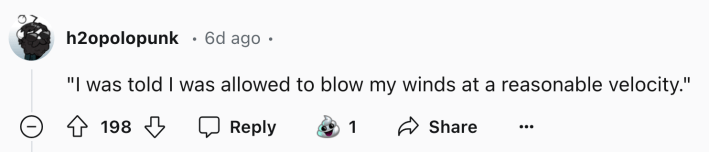 Reddit comment about Hurricane Milton that reads, "I was told I was allowed to blow my winds at a reasonable velocity."