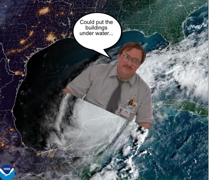 Radar of Hurricane Milton with Milton from Office Space overlaid. Speech bubble reads, "Could put the buildings under water..."