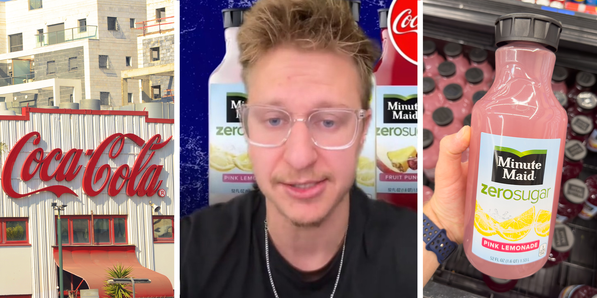 Coca Cola Sign(l) TikTok sharing Coca-Cola Recall on Minute Maid Products(c) Hand holding minute maid Zero Sugar pink lemonade(r)