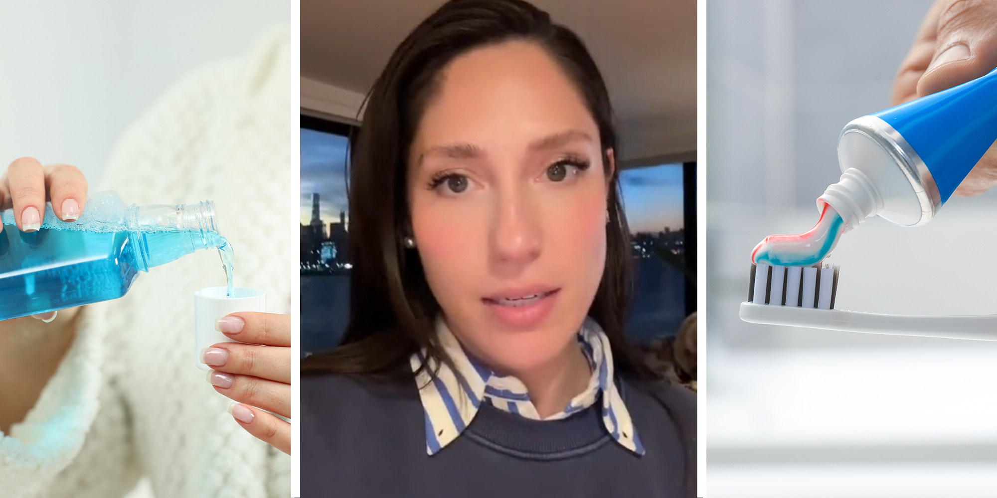 Woman pouring mouthwash on cup(l) Woman sharing story on TikTok(c) Placing tooth paste on toothbrush(r)