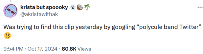 Tweet reading "Was trying to find this clip yesterday by googling 'polycule band Twitter.'”