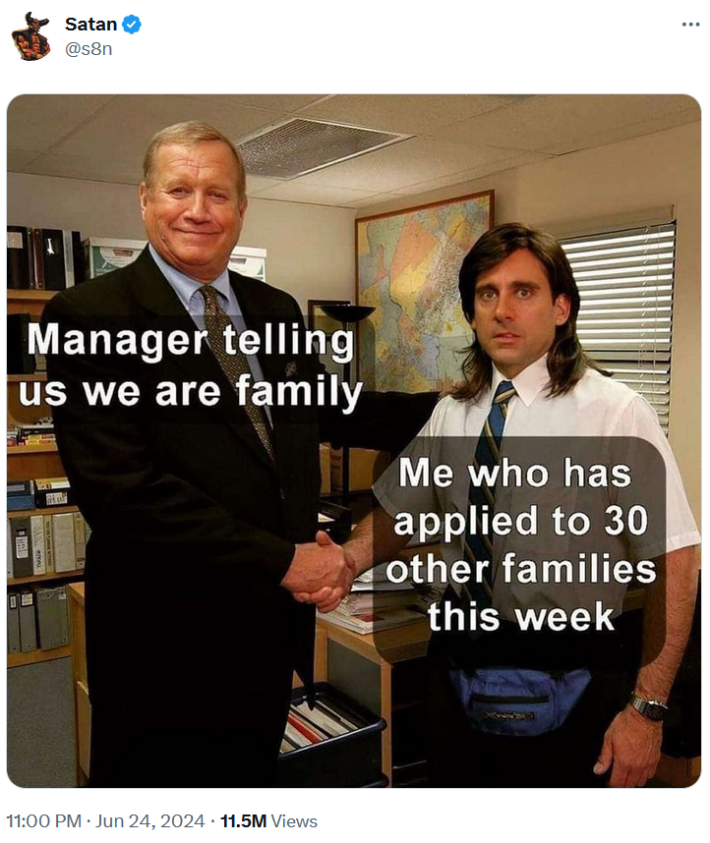 Young Michael Scott meme about work being "a family."