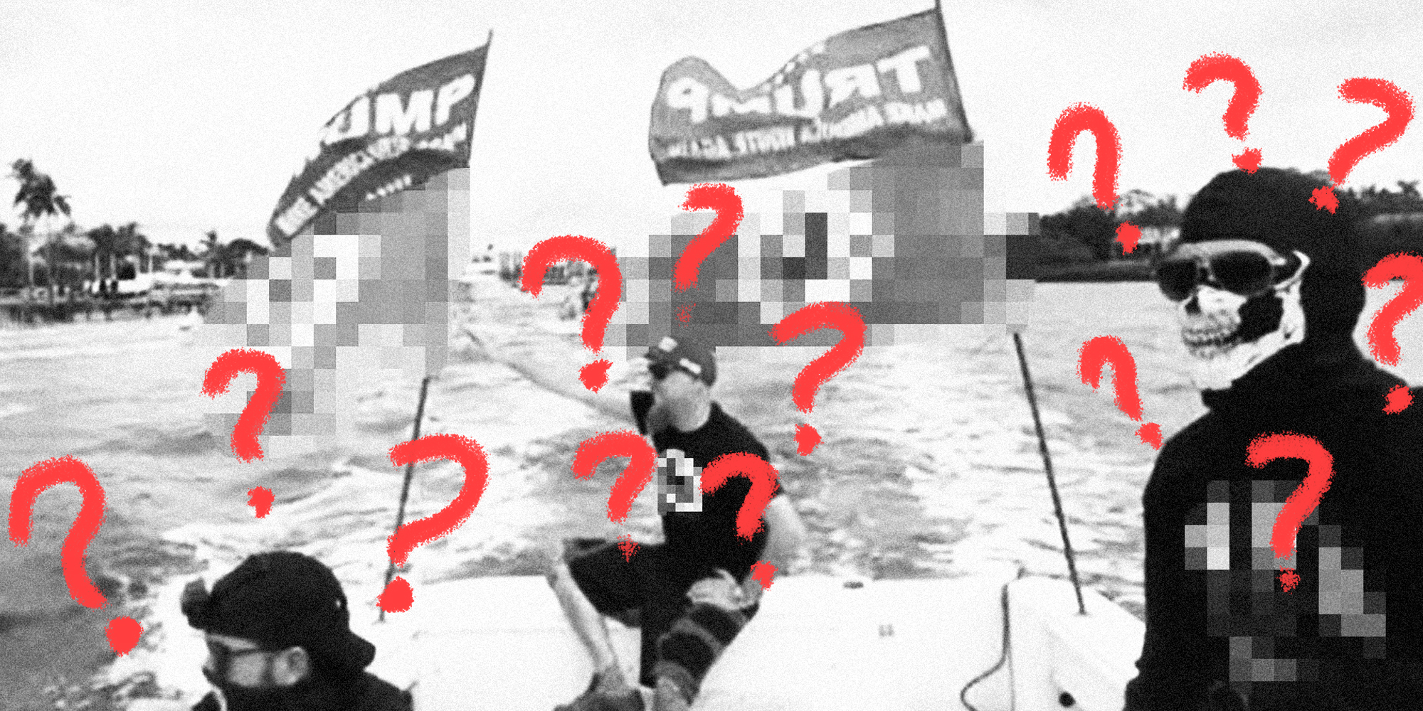 People wearing dark clothing on a boat with censored flags and question marks around them