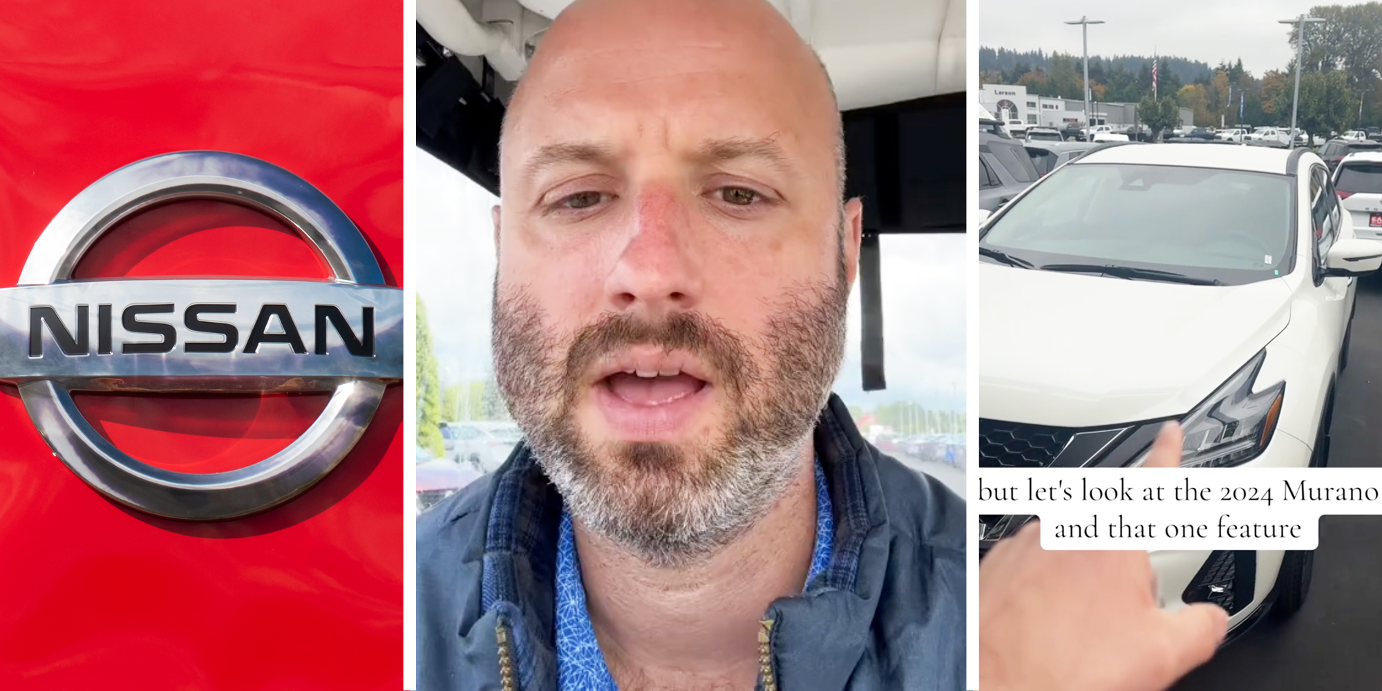 Nissan sign(l), Man talking(c), Hand pointing to car and text that says "but let's look at the 2024 murano and that one feature"(r)