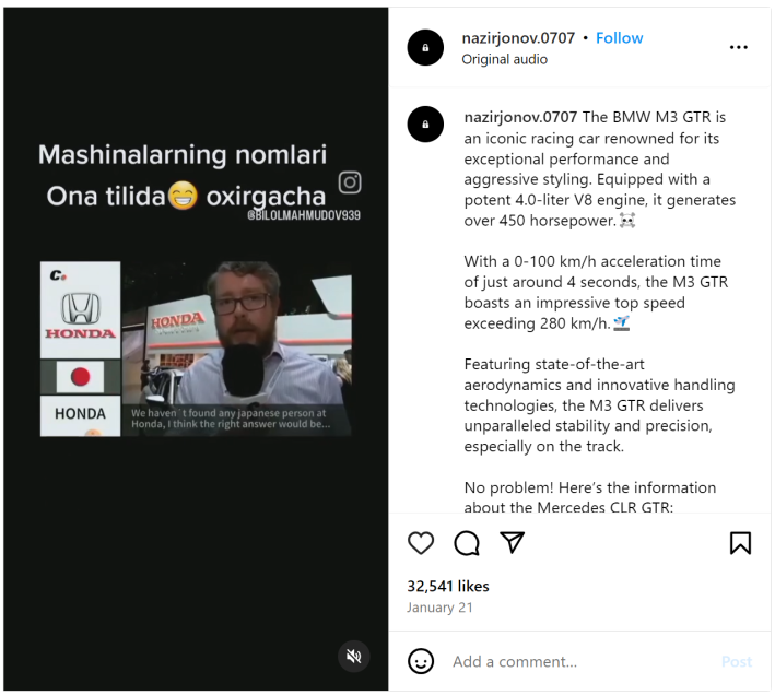 Screenshot of an Instagram Reel of a man standing in front of a Honda dealership with its caption showing the "No Problem! Here’s the Information About the Mercedes CLR GTR" copypasta caption.