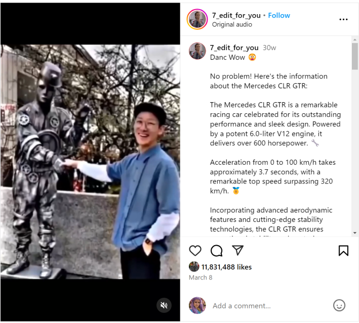 Screenshot of an Instagram Reel of a man shaking the hand of a living statue actor with its caption showing the "No Problem! Here’s the Information About the Mercedes CLR GTR" copypasta caption.
