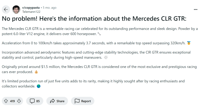 Reddit post of the "No Problem! Here’s the Information About the Mercedes CLR GTR" copypasta.