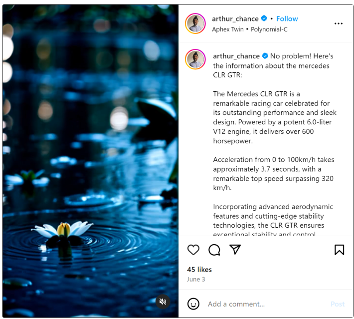 Screenshot of an Instagram Reel of a flower on water with its caption showing the "No Problem! Here’s the Information About the Mercedes CLR GTR" copypasta caption.