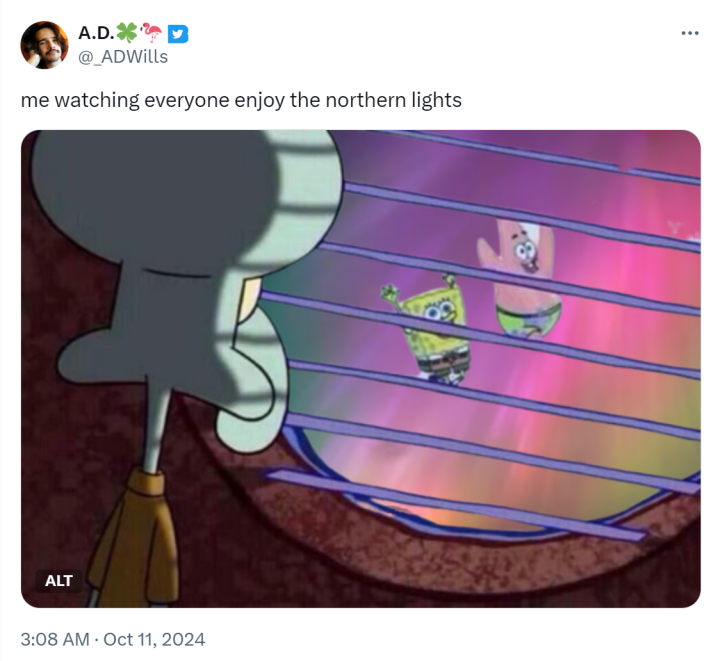 Aurora borealis meme with Spongebob characters. Text reads, "me watching everyone enjoy the northern lights."