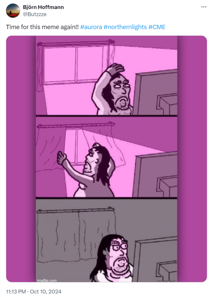 Tweet that reads, "Time for this meme again!!" with a meme of a grumpy person closing the curtains on the northern lights to look at photos of the northern lights on their computer.